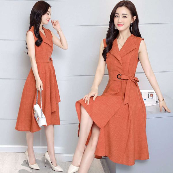 

large slim lace up irregular medium long sleeveless cotton linen, White;black