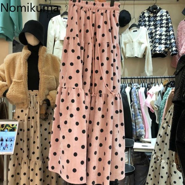 

skirts nomikuma 2021 spring skirt women stretch high waist drawstring a line mid calf polka dot ladies korean sweet faldas, Black