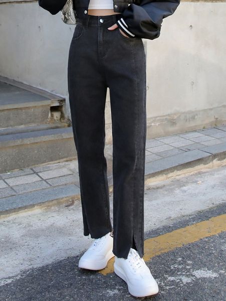 

dazy high waist raw cut split hem straight leg jeans g7ce#, Blue