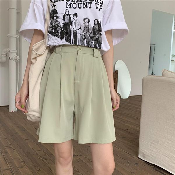 

summer solid high waist womens shorts trousers pockets midi loose gril office lady elegant minimalist, White;black