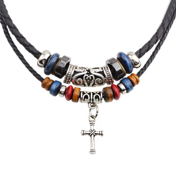 

2021 retro religion cross beaded necklace adjustable double root braided leather cord necklace jewelry punk collier for man, Silver