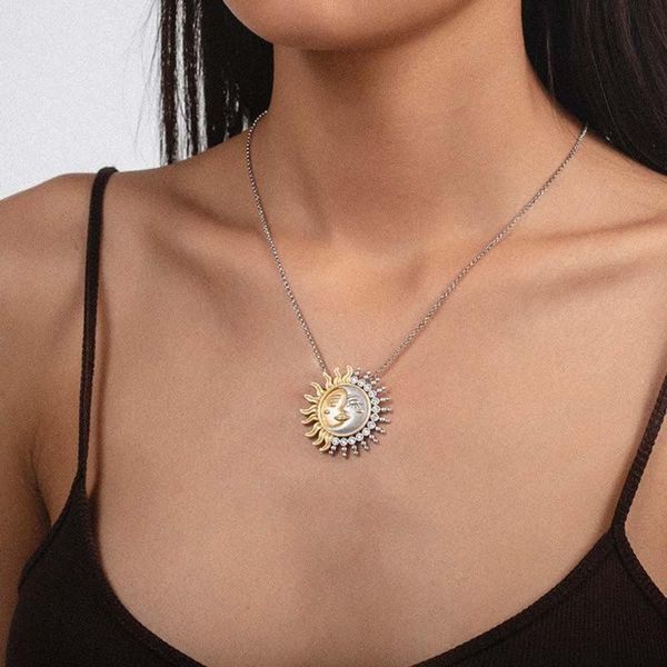 

pendant necklaces gold sliver color two tone yellow sun moon charm necklace celestial fine jewelry for women, Silver