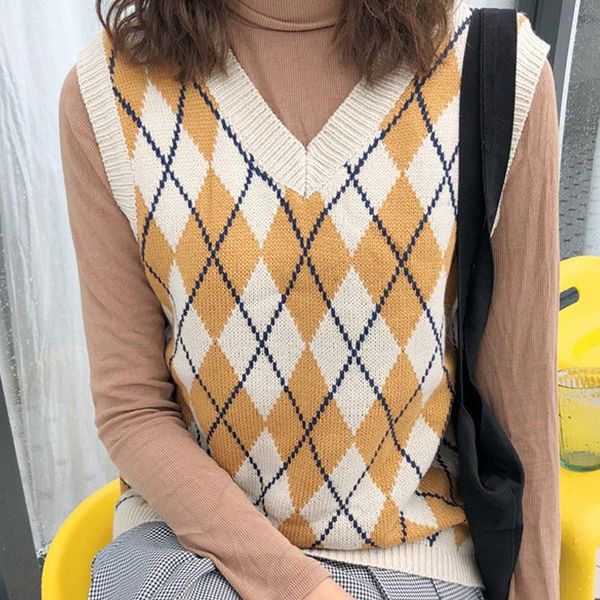 

women's vests zoulv sleeveless pullover women sweaters v-neck plaid geometric knitted sweater vest casual tank fashion, Black;white
