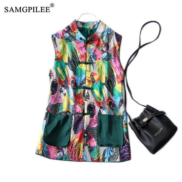 

women's vests summer women vest 2021 fashion chinese style disc buckle waistcoat o collar satin print waist coat for woman plus size, Black;white