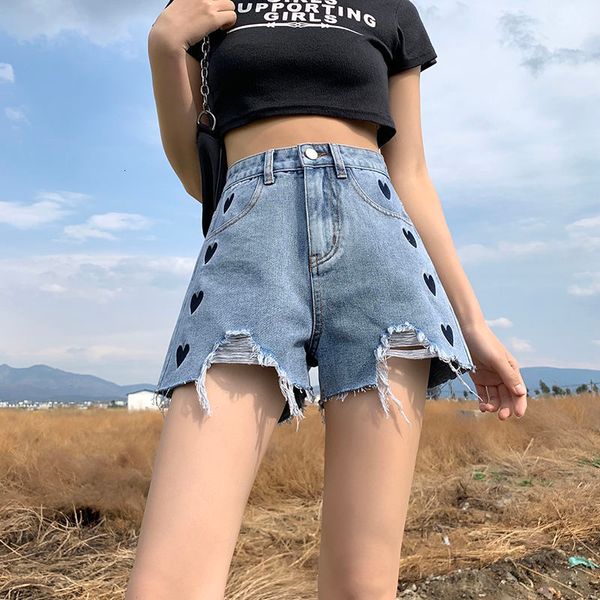 

women's jeans love embroidered torn shorts, high waist jeans, street clothes, 2021, Blue