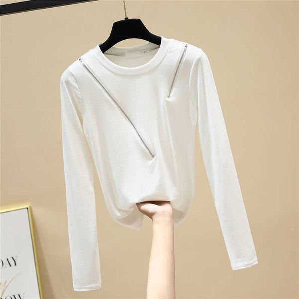 

spring loose solid o neck full zipper t-shirt for women 210615, White