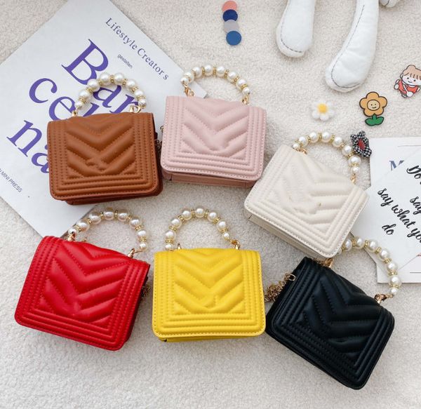 

girls pearl chain handbag kids metal buckles mini tote children flip pu leather one shoulder bag lady purese, Black