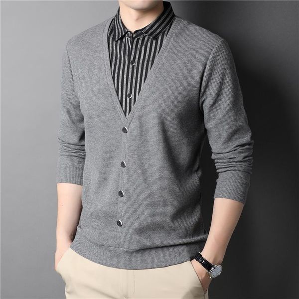 

men's sweaters 2021 autumn fake two-piece knitted cardigan classic style striped shirt collar sweater male brand clothing, White;black