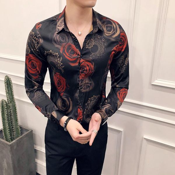 

men's dress shirts rose print shirt men 2021 fashion designer pattern floral long sleeve slim party clube camisa clothing, White;black