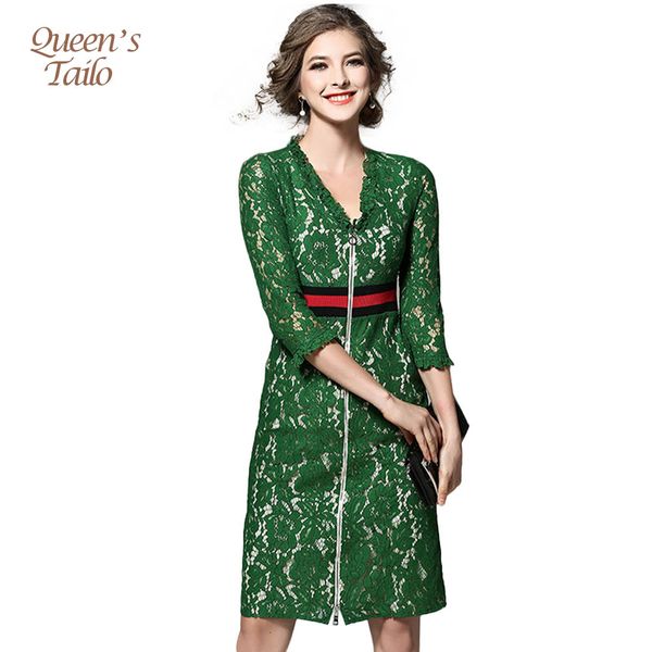 

solid green runway woman dress spring midi pencil dress woman ol work lace robe femme q170661, Black;gray