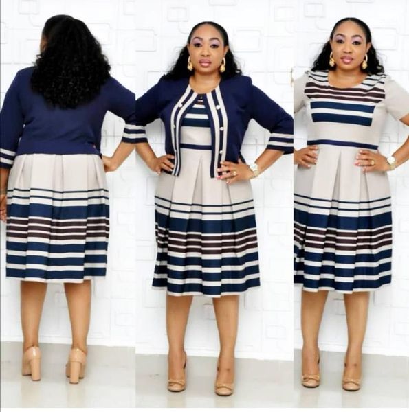 

striped print large size dress suit women's short sleeve two piece, White