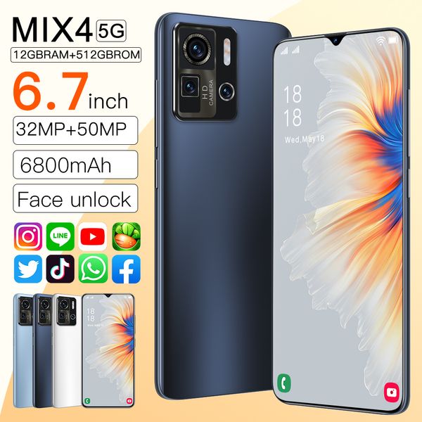 2021 новый телефон тонкий настоящий отпечаток пальцев разблокировать смартфон 12 + 512GB для мобильного телефона Mix4 Mobilephone