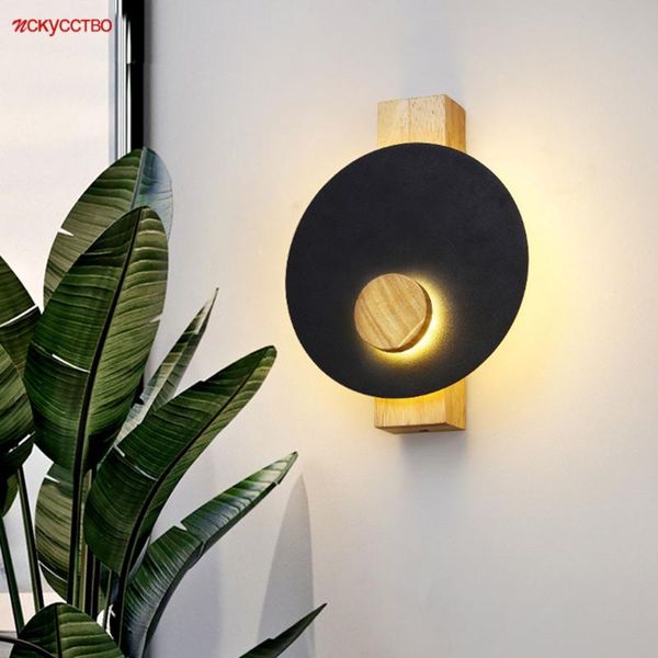 

nordic black grey round metal wooden led wall lamp for living room hallway indoor decorative night lights loft decor fixtures