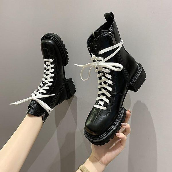 

boots 2021 college students lace british riding ladies shoes short zipper chassis square toe thick with flesh, Black