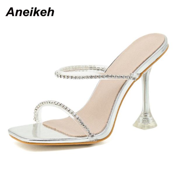 

aneikeh 2021women shoes summer solid stiletto heels slippers peep toe pu outside shallow slides elegant party concise bling, Black