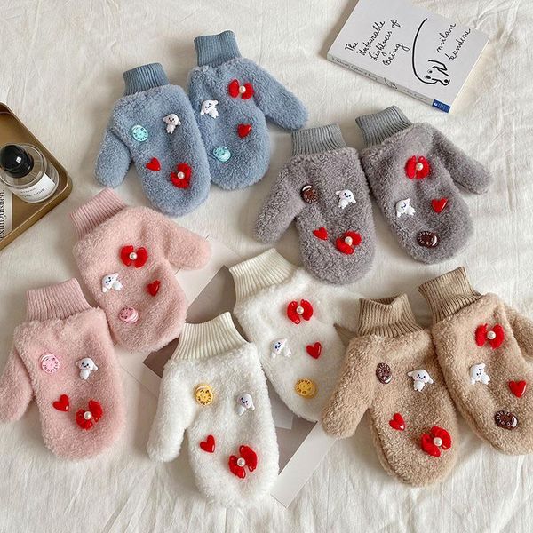 

five fingers gloves korean female winter cute warm plush thickened cold proof cartoon halter for student' girl 2021 arrival, Blue;gray