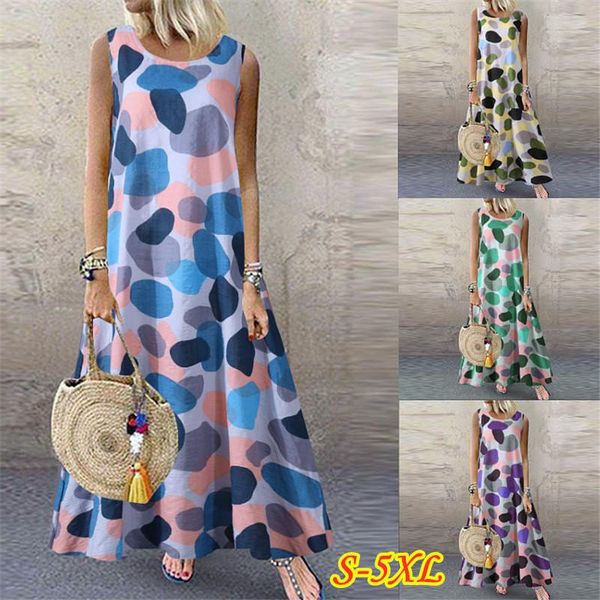 

casual dresses printed maxi dress women's sundress 2021 summer vintage o neck sleeveless tunic vestidos plu size loose robe femme 5xl, Black;gray