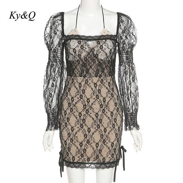 

casual dresses 2021 women summer korean square neck slim slimming lace vintage long sleeve mini dress fashion retro female, Black;gray