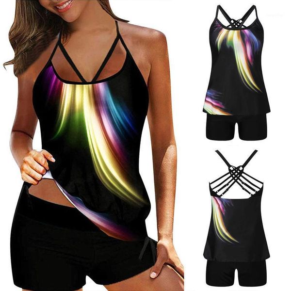 

women's swimwear women plus size print strappy back tankini set two piece swimdress panty bathing 2021 beach suits, White;black