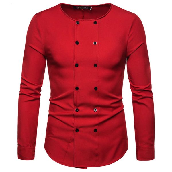 

men's round neck double breasted slim long sleeve shirt, White;black