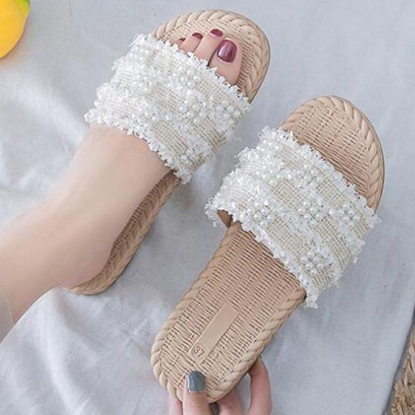 

slippers summer flat pearl women slide sandals mom beach slides slip on shoes comfortable flip flops fa348, Black