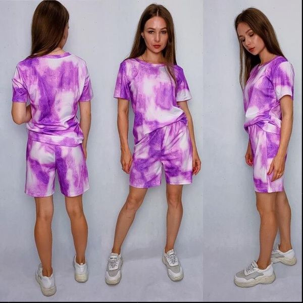 

summer casual tie dye two piece clothing short sleeve t shirt shorts track 6 colors 2021 women clothes set tracksuit, Gray