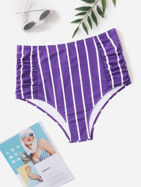 

plus striped ruched high waisted bikini panty d3dz#, Black