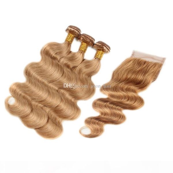 

honey blonde peruvian virgin body wave human hair weft with lace closure 4x4 #27 body wave hair bundles with closure, Black;brown