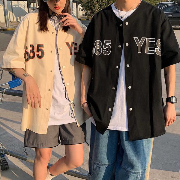 

short sleeve shirt men's baseball uniform summer oversize loose japanese classic printed digital fashion coat male clothes 210721, White;black