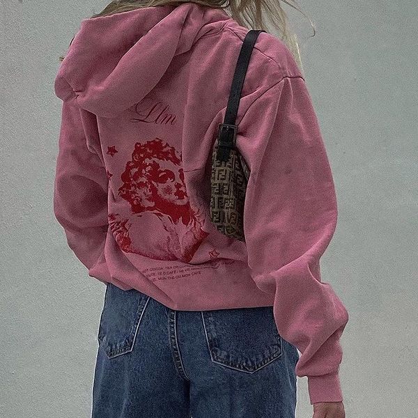 

women's hoodies & sweatshirts y2k women jacket coat harajuku angel pink print streetwear autumn zip-up hooded punk sweatshirt outwear g, Black