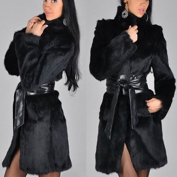 

women's fur & faux rorodox autumn winter coat women long sleeve black fluffy jacket loose soft luxury furry coats with belt