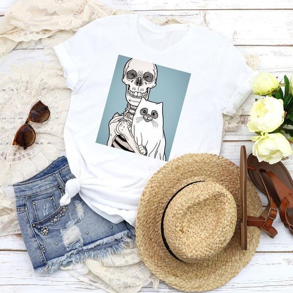 

women graphic skull smile funny halloween summer autumn cartoon 90s print female t shirt shirt tees clothing womens t-shirt, White