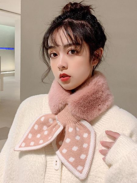 

scarves 2021 arrival cute polka dot net red warm winter bow tie japanese imitation rex fur plush cross scarf female, Blue;gray