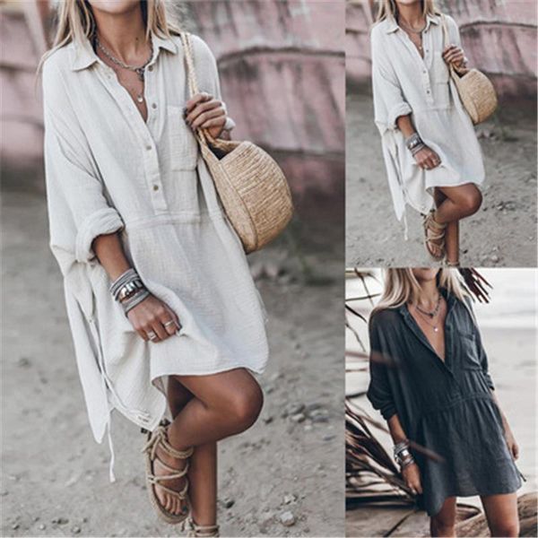 

casual dresses women autumn shirt dress plus size loose long sleeve button pocket vintage mini cotton and linen femme streetwear, Black;gray