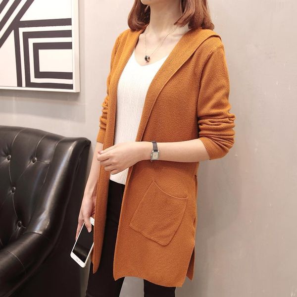 

women's knits & tees solid color black grey long hooded loose female autumn clothes korean oversize sweater knitted cardigan 2021 winte, White