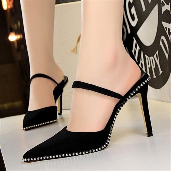 

dress shoes nightclub 2021 show thin high heels with suede and hollowed-out rear straps rivets pointed toes for women, Black