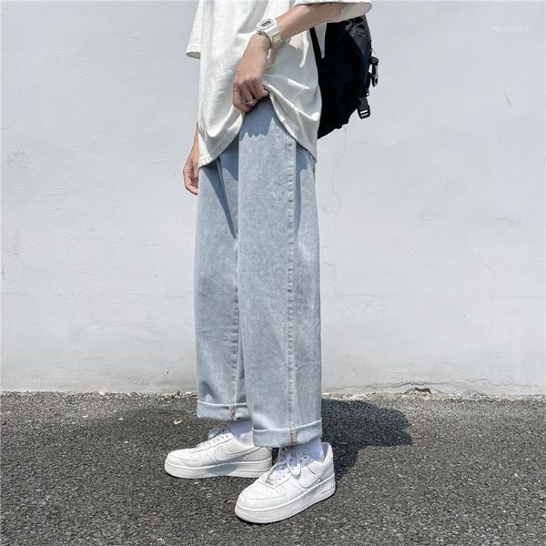 

men's jeans men's loose straight pants solid color casual baggy homme cargo pocket men denim trousers, Blue