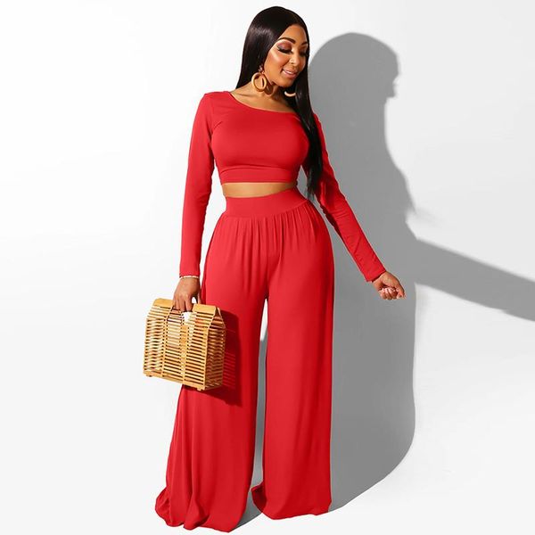 

two piece dress club matching casual set blouse t shirt long sleeve crop wide leg pants women suits elegant palazzo 2 pcs, White