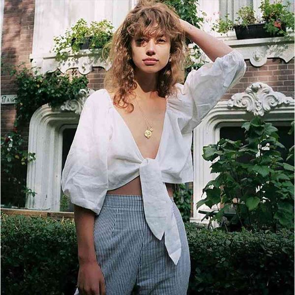 

half sleeve crop women v neck ladies warp summer, White
