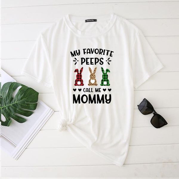 

women's t-shirt my favorite peeps call me mommy print easter woman tshirts 2021 harajuku shirts for women fashion round neck plus size, White