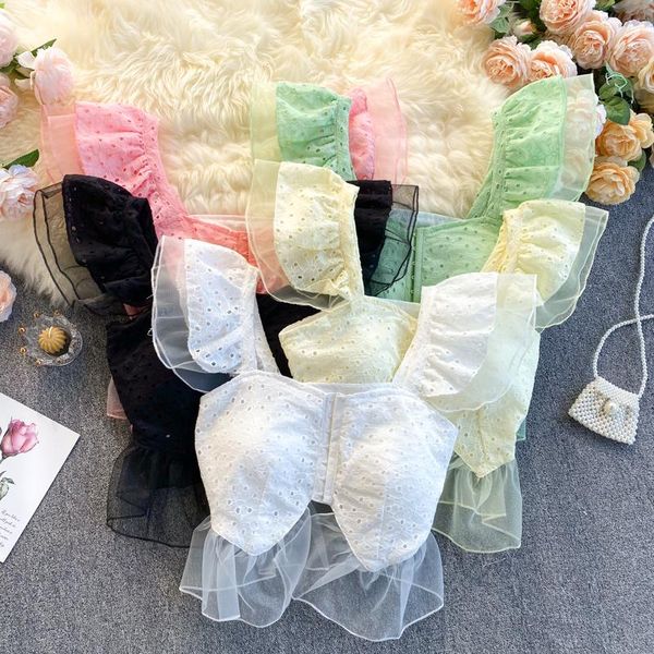 

women's blouses & shirts mesh patchwork blouse summer square collar hollow out short korean vacation beach holiday for women, White