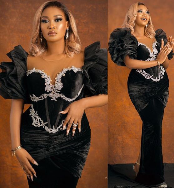 

2022 plus size arabic aso ebi black sheath velvet prom dresses lace beaded evening formal party second reception birthday engagement gowns d