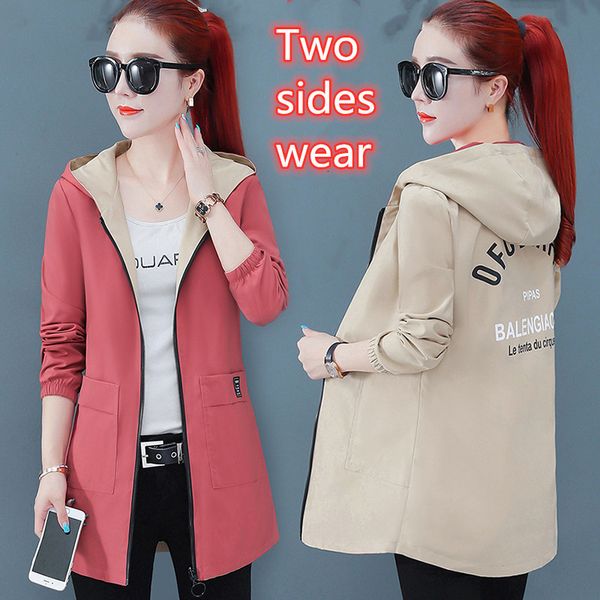 

2021 new spring autumn women two sides wear jacket korean long sleeve hooded windbreaker coat winter thick warm outerwear y426 zqr5, Tan;black