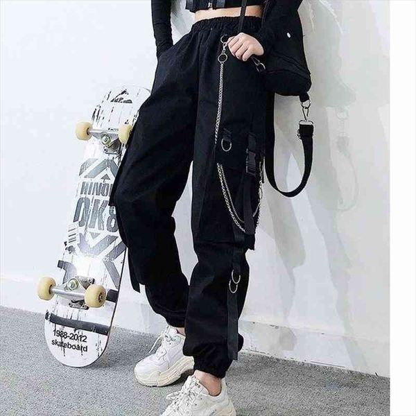 

womens cargo pants buckle ribbon pocket jogger elastic waist high hip hop streetwear harajuku pant chain females trousers, Black;white