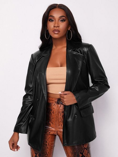 

flap detail pu leather blazer p7qp#, White;black