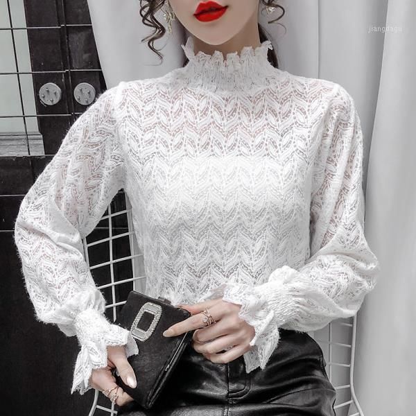 

blouse women 2021 spring high collar lace women's long sleeve blusas mujer de moda blouses & shirts, White