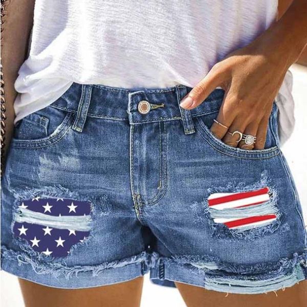 

women's shorts independence day flag denim ripped women elegant high waist slim spring summer pockets tassel street, White;black