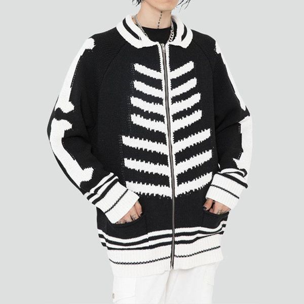 

men's sweaters halloween skull sweater for men women streetwear hip hop fashion casual loose zipper cardigan jacket mens knitwear coat, White;black