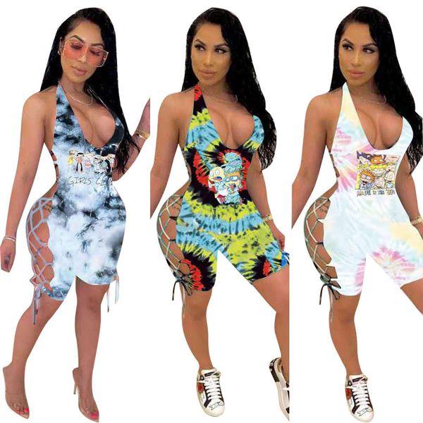 

5308 huimeisen 2021 new v-neck bandage printed capris bodysuit, Black;white