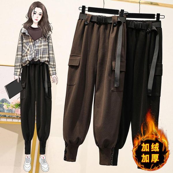 

women's pants & capris plus size autumn and winter high waist slimming black plush overalls fat mm beam harlan long, Black;white